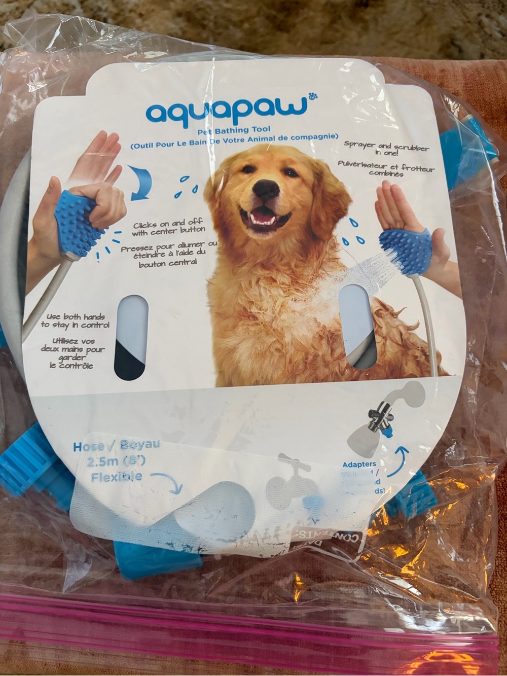 Aquapaw Aqua Blue Silicone Pet Bathing Scrubber with Hose Attachment